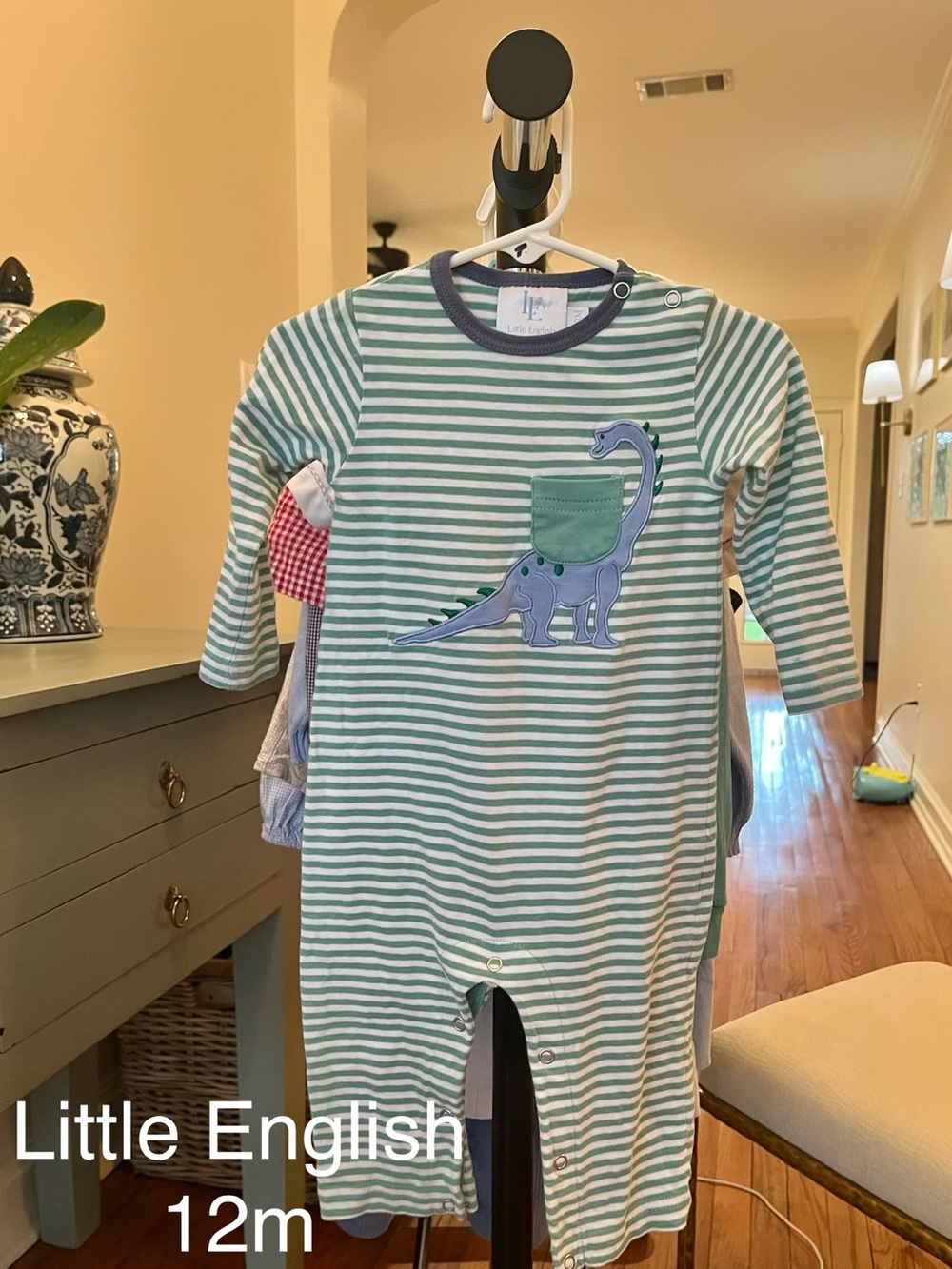 Little English Green and White Striped Dinosaur Appliqué Romper